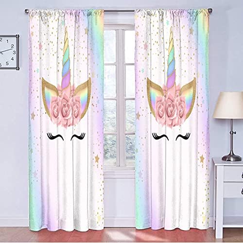 Unicórnio de cortina de cortina de cortina de cortina bolso de bolso de arco -íris cortinas térmicas blecaute térmicas isoladas e bloqueio de luz para crianças de 63x63 polegadas…