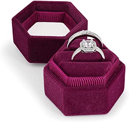 Caixa de anel de veludo Flexzion - Caixa de anel de hexagon de 2 slot para noivado de noivado Caixa de anel de noiva Foto