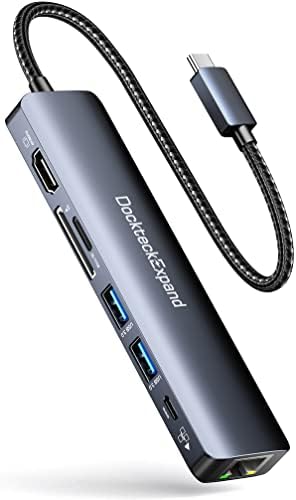 USB C Hub Ethernet, Dockteckexpand 7-in-1 Adaptador multitorte tipo C a 4K@60Hz HDMI, Gigabit Ethernet, carregamento