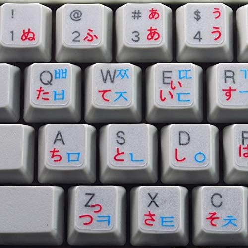 Layout de etiquetas de teclado hiragana japonês coreano com um fundo transparente de letras azuis e vermelhas