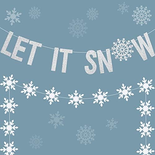 2 peças Let It Snow Banner, Glitter Winter Snowflake Banner e White Snowflake Bandeira pendurada Garland para Decoração