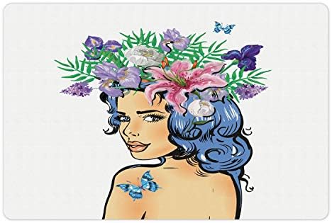 Ambesonne Flower Pet Tapete para comida e água, mulher floral mulher com plantas hibiscus violetas borboletas primavera adolescente