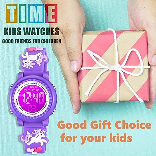 Venhor Kids Watches 3D Cartoon impermeável 7 Luzes coloridas Relógio digital de pulso com alarmes para cronômetro de alarmes para meninas de 3 a 10 anos