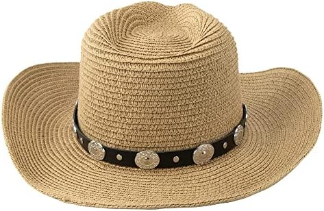 Mulheres Western Straw Cowboy Hat Beach Cowgirl Sun Hat com decoração de corda de cinto destacável Verão ao ar livre