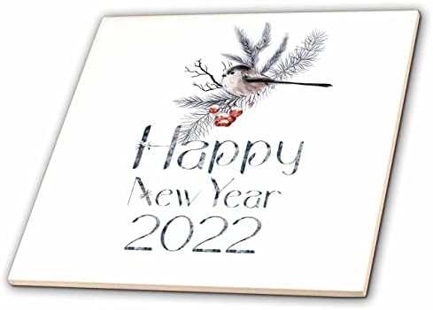 3Drose um pássaro adorável em um galho de pinheiro. Bagas vermelhas. Feliz Ano Novo 2022 - Tiles