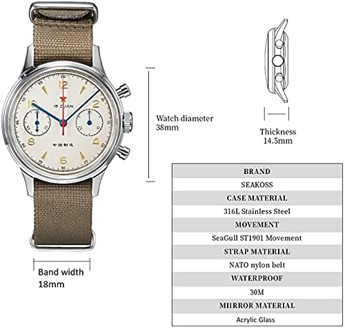 Seakoss Original 1963 Mens 38mm Relógio St1901 Movimento Piloto Cronógrafo Mecânico Relógio Mecânico de Aço Anterior Aço Antegral