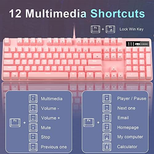 Teclado de jogos mecânicos rosa, interruptores azuis, teclado de fundo branco, teclado de computador com fio para laptop para Windows