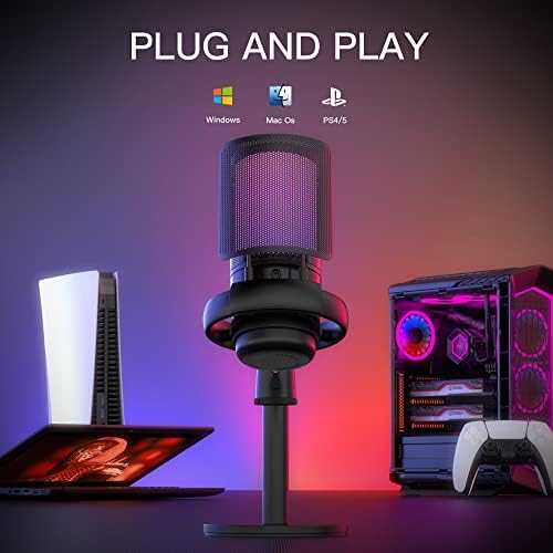 Microfone USB para PC, microfone para jogos de computador para PS4/ PS5/ MAC, Micor do condensador com mudo rápido,