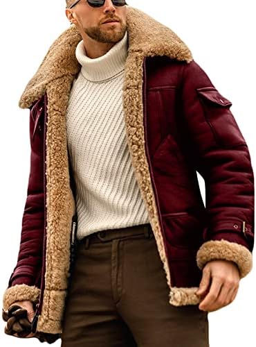 Homens retro sherpa lã forrada jaqueta falsa de couro de couro de inverno