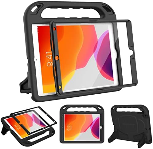 Ltrop Kids Case para iPad 10.2 Caso 2021/2020/2019-IPAD 9º/8º/7º Caso de geração com protetor de tela embutido, manivela leve à prova de choque Caso Kids para iPad 9th Gen 10.2 polegadas, preto