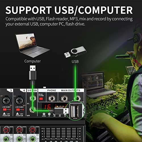 Xtuga EV6 Profissional 6 canal Mixer de áudio com 16 efeitos DSP, EQ de 7 bandas, função independente de 48V Phantom Powerbluetooth, gravação de interface USB para Studio/DJ estágio/partido/gravação doméstica