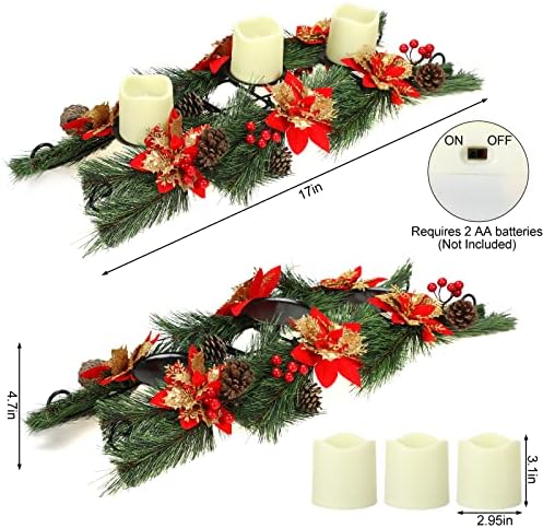 DinGion Christmas Poinsettia Veller Titular com 3 velas sem chamas Poinsettia Poinsettia peça artificial Britas vermelhas e pinheiros