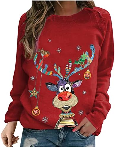 Narhbrg Christmas Mulheres tops fofos renas impressão casual solto de manga longa Crewneck suéteres moletons de férias tops