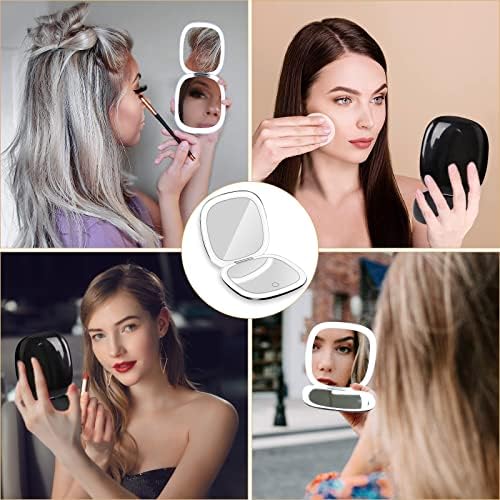 Espelho de maquiagem de viagem LED Jimacro, espelho de bolso de ampliação 1x/10x com 56 luzes LED, espelho dobrável de carregamento USB com sensor de toque 3 cores brilho ajustável, ideal para bolsa, presente para meninas presentes