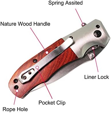 Faca de bolso para homens com estojo de caixa de madeira, faca tática com clipe para caçar sobrevivência EDC Camping, faca