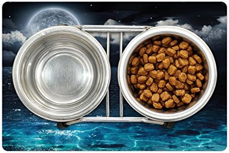 Lunarable Night Sky Pet Tapete para comida e água, lua cheia e nuvens nebulosa com vidro turquesa como estampa de oceano marinho, retângulo de borracha sem deslizamento para cães e gatos, azul escuro e branco
