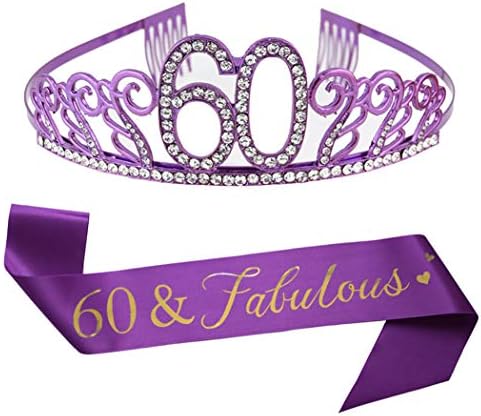 60º aniversário roxo tiara e faixa roxa glitter sash cristal shinestone tiara coroa para o 60º aniversário suprimentos