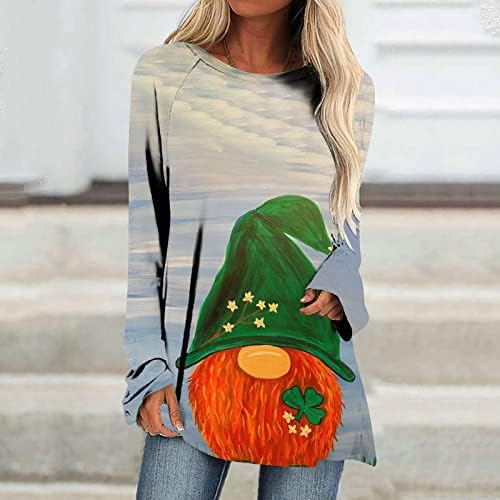 Mulheres St Patrick's Day's Trendy Green Tops Clover Gnome Graphic Shirt Casual Manga Longa Crewneck Blush Hide Belly Logo