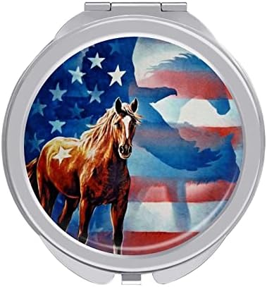 Horse Bald Eagle American Flag Compact espelho redondo maquiagem de metal espelho de bolso portátil dobrável duplo-lado com 2x 1x