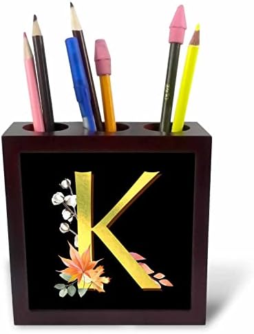 3drosrose monogram K Inicial em uma imagem de ouro com folhas de outono - portadores de caneta de ladrilhos