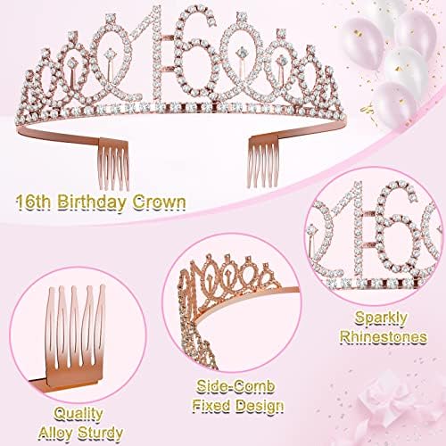 Decoração de 16º aniversário de 16º aniversário para meninas, faixa de 16 anos e coroa de tiara, toppers de bolos e