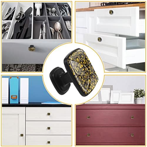 4 peças Cabinete botões de leopardo de leopardo amarelo gaveta preta puxadores para armário de banheiro de armário de cozinha cômoda de banheiro, quadrado