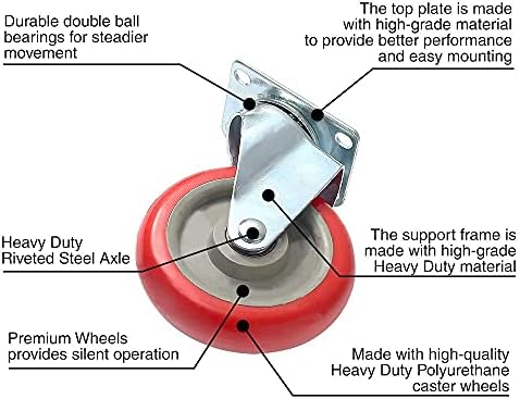 Rodas de giro de 4 polegadas de 4 polegadas Placa giratória em rodas de poliuretano vermelho de poliuretano