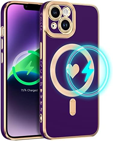 Bentoben Magnetic for iPhone 14 Case, [Compatível com Magsafe] Love Love Heart Slim Fit Soft flexível TPU Caixa sem fio para iPhone 14 6.1 2022, Purple/ouro profundo