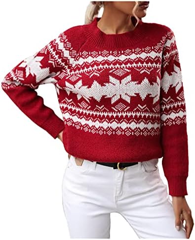Camisolas de Natal femininas suéter de malha de floco de neve vermelho