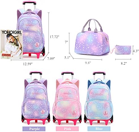 Lanshiya 3 PCs Dream Princess Wind Rolling Mackpack for Girls Wheeled Travel Bag Bolley School School Blue Two Wheels