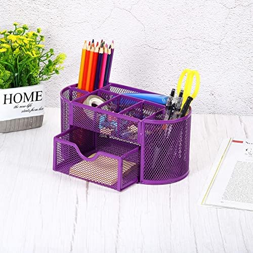 Patikil Pen Delder, Metal Oval Felp Cup Organizer 8 Compartamentos e 1 gaveta para o escritório em casa, roxo