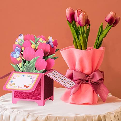 Giiffu 3D Pop -up Mothers Day Card, tulipas rosa, cartão de aniversário pop -up, cartão -presente para mãe, cartão para esposa, 3D