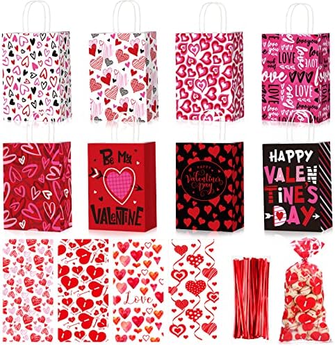 Tatuo 32 PCs Bolsas de presente do Dia dos Namorados Valentines Kraft Paper Sacts Sacos de coração com 60 PCs Celophane Goodies