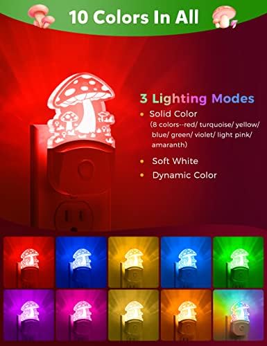 Luz da noite da noite de cogumelos [2 pacote], plug in lâmpada, 8 alterações de cores Luzes noturnas LED para adultos crianças