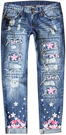 Patch de girassol feminino Cintura alta rasgada angustiada jeans skinny jeans Impressão floral destruída Capri Jeans