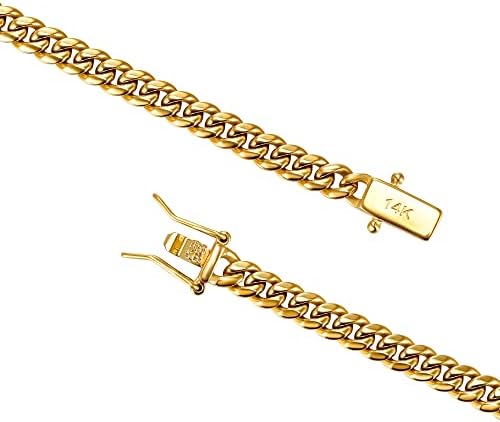 Jóias de tripé 4 mm de 6 mm de 6 mm Miami Chain Link 14k Pulseira de colar sólido de aço inoxidável 316L de ouro real para homens (fecho de segurança dupla, caixa personalizada e embalagem de bolsas
