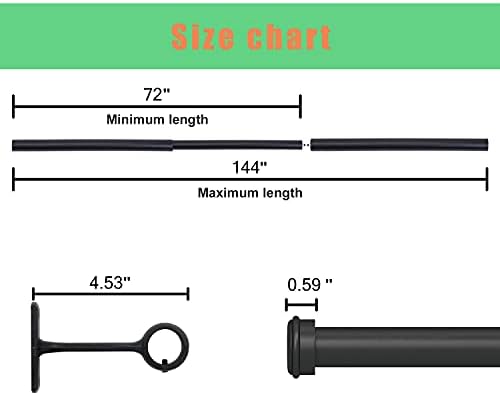 Hastes de cortina 72 a 144-1 haste de cortina com tampa, haste de cortina para janelas 66 a 120, haste de cortina pendurada e montagem de parede com suportes, haste de cortina ao ar livre, hastes de cortina para janelas 72 a 144 polegadas 2 pcs: preto