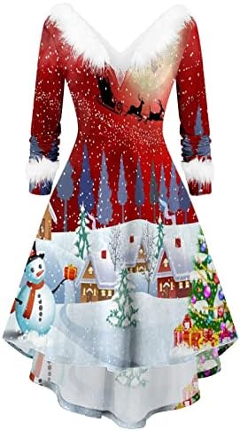 Vestidos de Natal para mulheres Mulheres Natal Faux-Plaush Slave Longa V Dress de festa assimétrica de colarinho