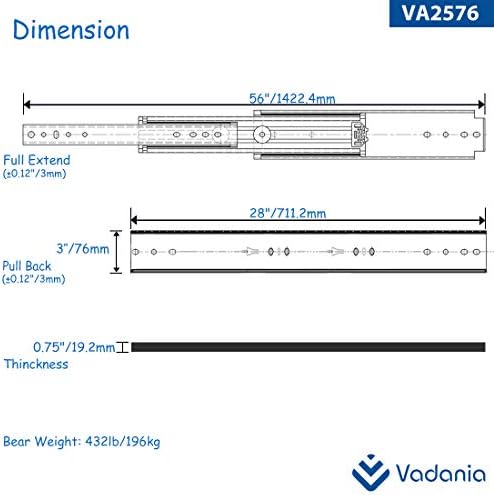 Vadania 28 Slide de gaveta de serviço pesado de grau industrial sem bloqueio VA2576, 3 ampliando até 432lb de capacidade de carga,