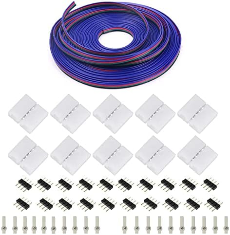 Kit de conectores RGB de 4 pinos Enqimaoyi inclui cabo de extensão de 16,4 pés, conector de faixa LED de 10x de 10x, clipe de tira de LED 20x, conexão masculina para masculino para 5050 3528 revolução de cor