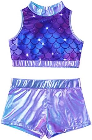 Moggemol Kids Girls 2 Peças Roupfits lantejous top de colheita com shorts metálicos Conjunto Jazz Hip Hop Dancewear