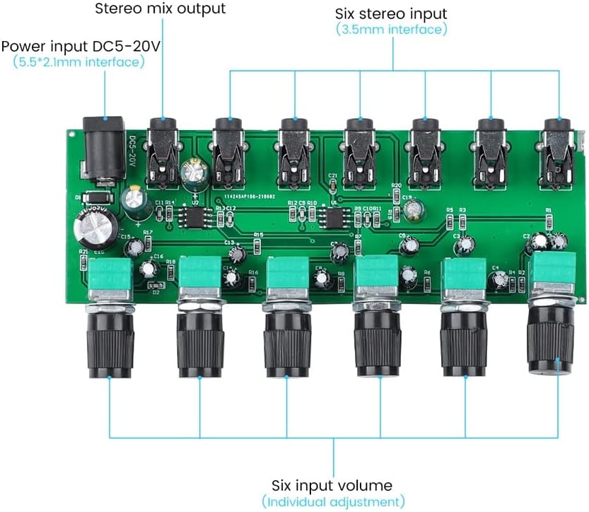 Wetyg 6 maneiras de estéreo Mixer Mixer Audio Distributor de mixagem Placa de mistura com controle de volume independente DC5-24V