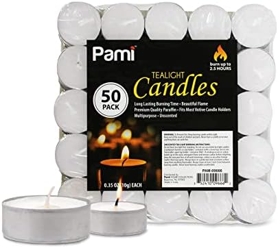 Pami Premium Premium de longa duração de velas de tealight [bolsa de 50 peças]- velas de chá sem perfume com 2,5 horas de queimando-