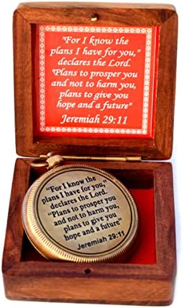 2023 Bússola direcional de bronze sólido bússola antiga citação náutica vintage gravada com as escrituras Jeremiah 29:11 e Joshua