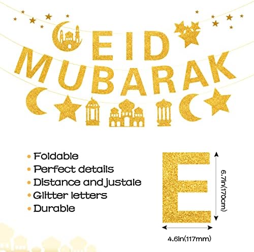Glitter Eid Mubarak Banner com Gold Moon Star Eid pendurado Eid para decorações do partido do Islã Não é necessário DIY