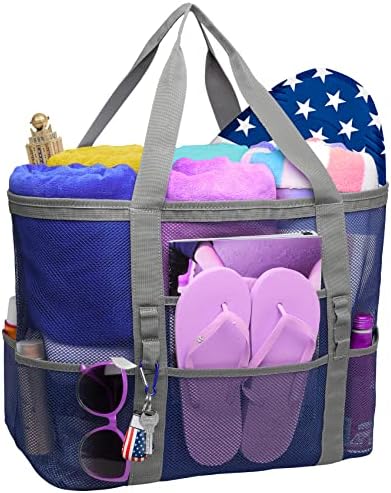 Packism Mesh Beach Bag-Tote para mulheres 9 bolsos grandes de brinquedos de praia