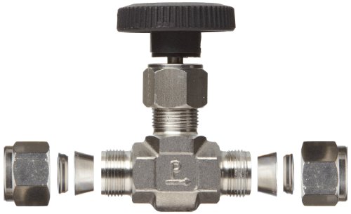 Parker V Série Válvula de agulha de aço inoxidável 316, em linha, roda manual, haste com ponta PCTFE, ajuste de compressão