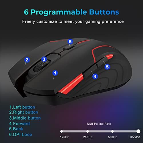 Mouse de jogos sem fio, camundongos de jogo de luz de fundo RGB personalizáveis ​​com 6 botões programáveis, 220 horas de duração da bateria, taxa de pesquisa de 1ms, ajustável até 10000 dpi para PC e laptop, preto