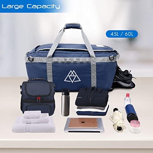 Duffel Backpack, resistente à água Haimont, ginástica de ginástica com compartimento de sapatos, Duffle do Weekender Duffle, azul, 45L, 45L