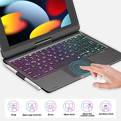 Caso de 9ª geração do BaiSla iPad com teclado, luz de fundo do arco-íris, trackpad com vários toques, 360 ° Rotatable e lápis para